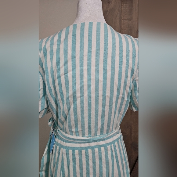DRAPER JAMES Linen Blend Puff Sleeve Wrap Dress In Blue/white Striped.Size S NWT - Picture 14 of 15